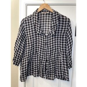 FLAX linen black and white gingham check button-down shirt Small 100% Linen